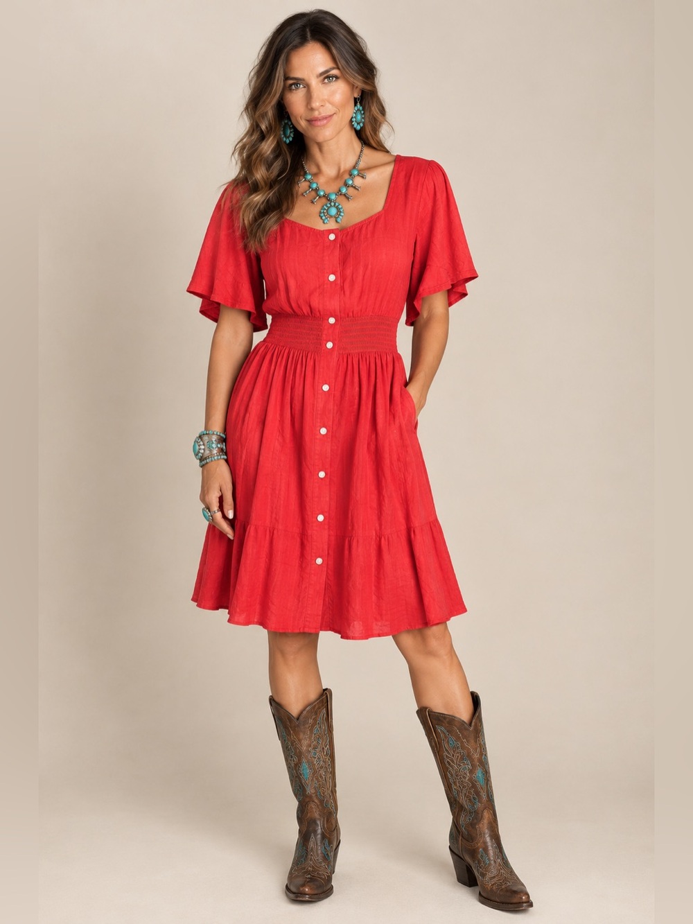 Wrangler Snap-Front Smocked Waist Dress w/flutter sleeves